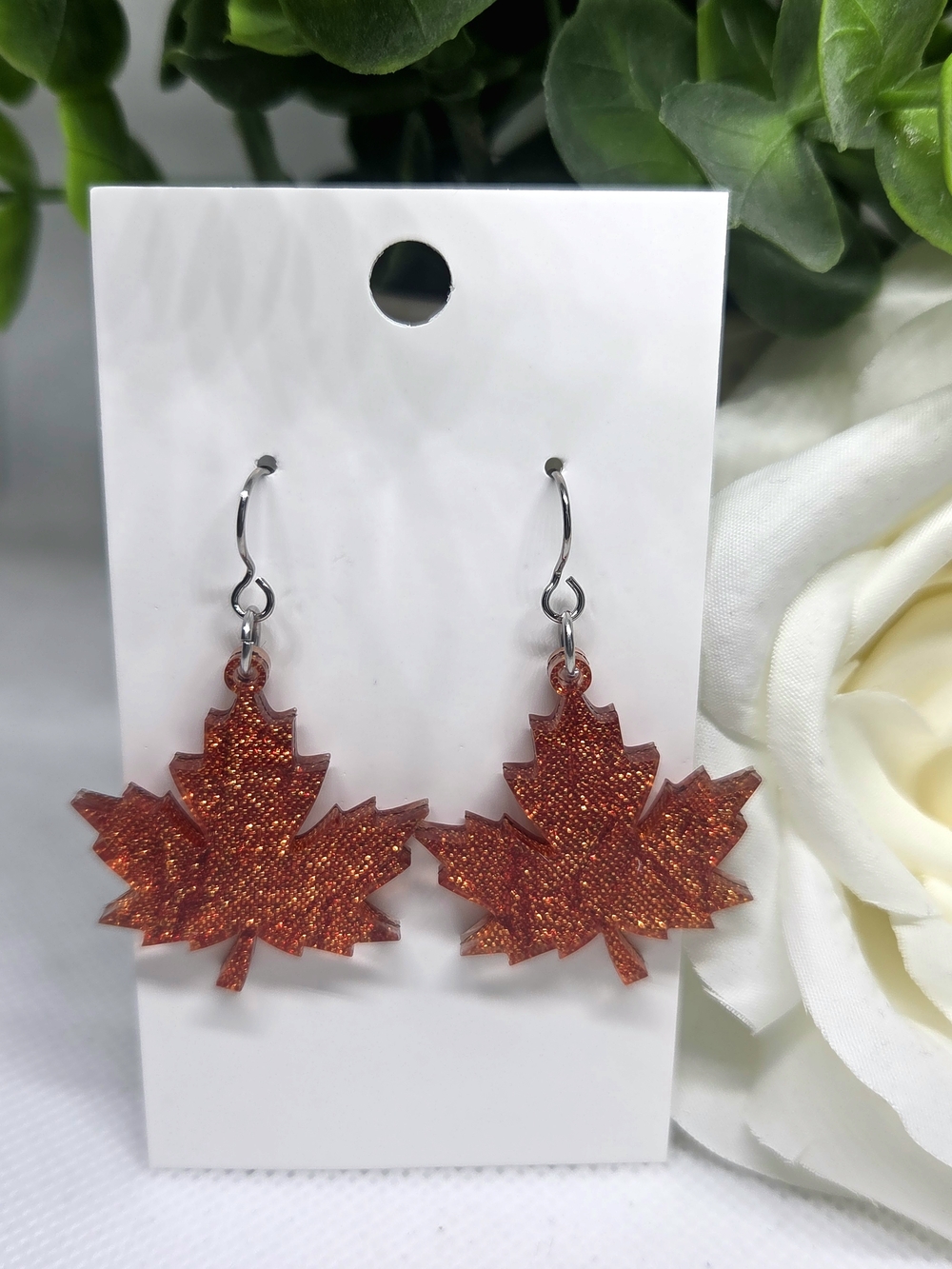 Autumn Sparkle Maple Leaf Earrings - Orange